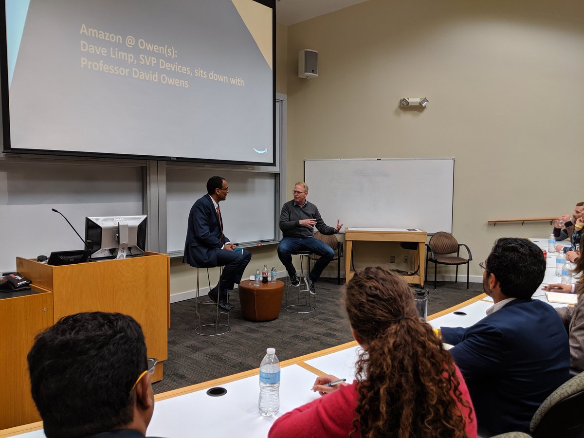 MEricJohnson's tweet photo. Prof @DaveOwens found a innovation soulmate with Dave Limp, SVP @Amazon - who urged the students "You need to be curious.  Go down that rabbit hole and chase it to the end."  #owenlife @theWondry https://t.co/z2iDUnZzNr