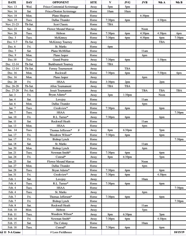 Official 2019-2020 Highland Park Scots Basketball Schedule #DrivinIn