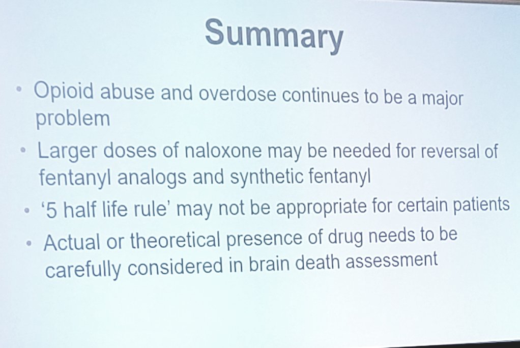 Eljim (@etnccrx) on Twitter photo <a href="/KeeganEleven/">Shaun Patrick Keegan</a> discusses opioids and brain death determination.
1. Tests may not detect synthetic opioids.
2. Naloxone drips may be needed (higher doses for carfentanil)
3. Waiting 5 half lives may still result in relevant concentrations.
#NCS2019
#NCSPharmacy
<a href="/neurocritical/">Neurocritical Care Society</a> <a href="/KeeganEleven/">Shaun Patrick Keegan</a> discusses opioids and brain death determination.
1. Tests may not detect synthetic opioids.
2. Naloxone drips may be needed (higher doses for carfentanil)
3. Waiting 5 half lives may still result in relevant concentrations.
#NCS2019
#NCSPharmacy
<a href="/neurocritical/">Neurocritical Care Society</a>