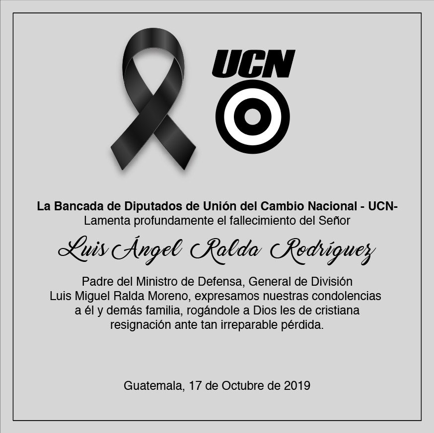 Bancada Union del Cambio Nacional expresa sus condolencias al Ministro de Defensa, General de División Luis Miguel Ralda Moreno