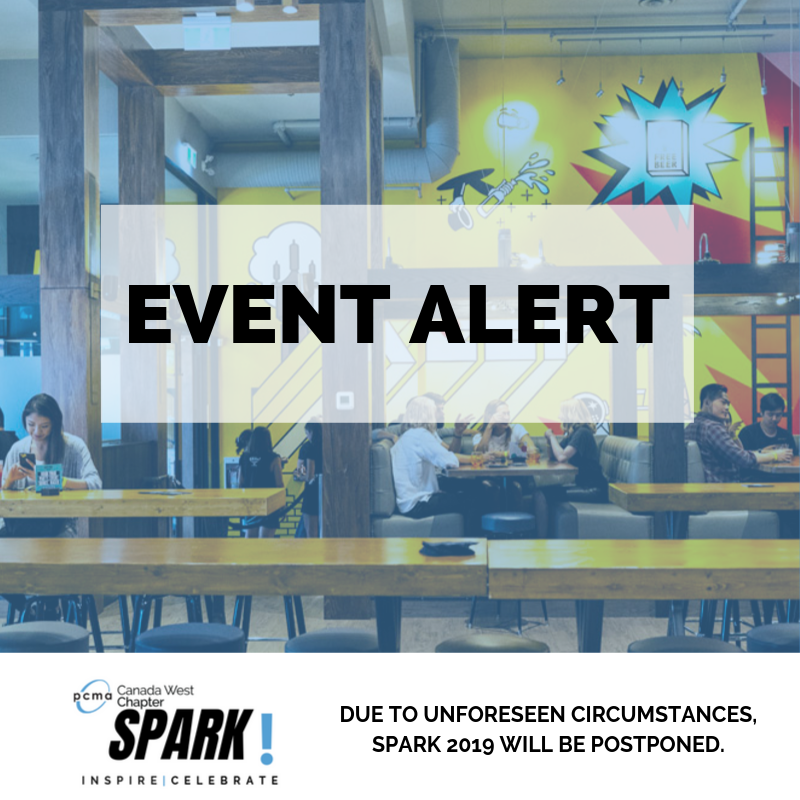 PCMACW's tweet image. Due to unforeseen circumstances, PCMA Canada West will be putting our upcoming Education Event “Spark” on hold for the 2019 fiscal year. If you have any questions or concerns, please reach out to pcmacwevents@gmail.com. #EventProfs #PCMASpark2019 #PCMACW