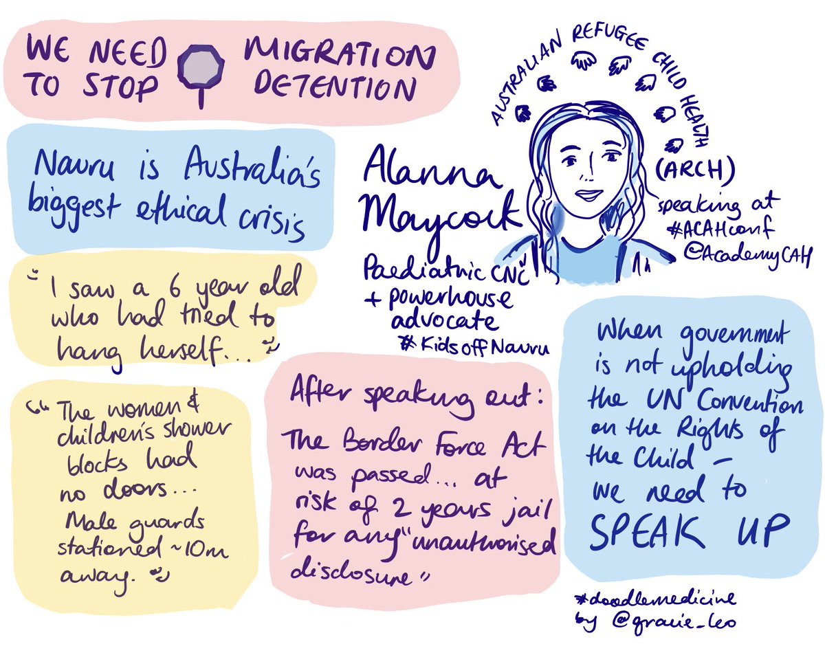 Powerful and moving talk from powerhouse CNC @alanna_maycock at #ACAHconf on #kidsoffnauru and the terrible living conditions and resignation syndrome the children and families on Nauru had. 
Here’s my #doodlemedicine #sketchnote from it :)