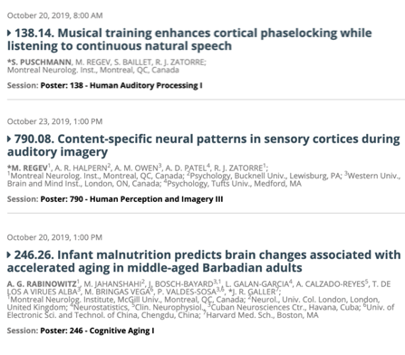 Going to #SfN19? Check out the Zatorre lab posters by Sebastian Puschmann, Mor Regev, and Arielle Rabinowitz!