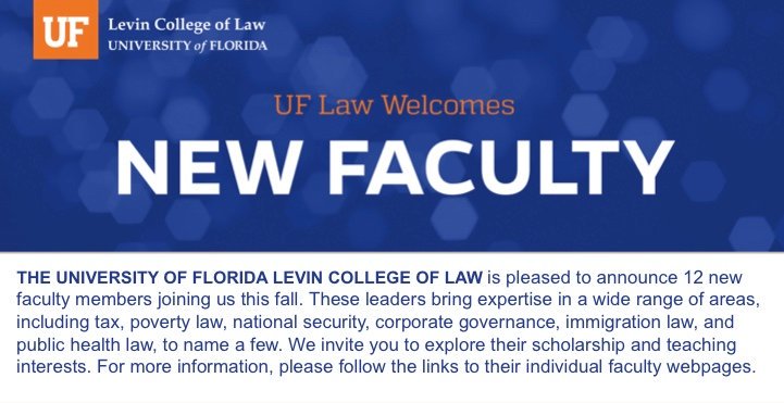 #UFLaw welcomed 12 new faculty members this fall. Learn more about these new leaders by exploring their scholarship and teaching interests: bit.ly/32rBQDt