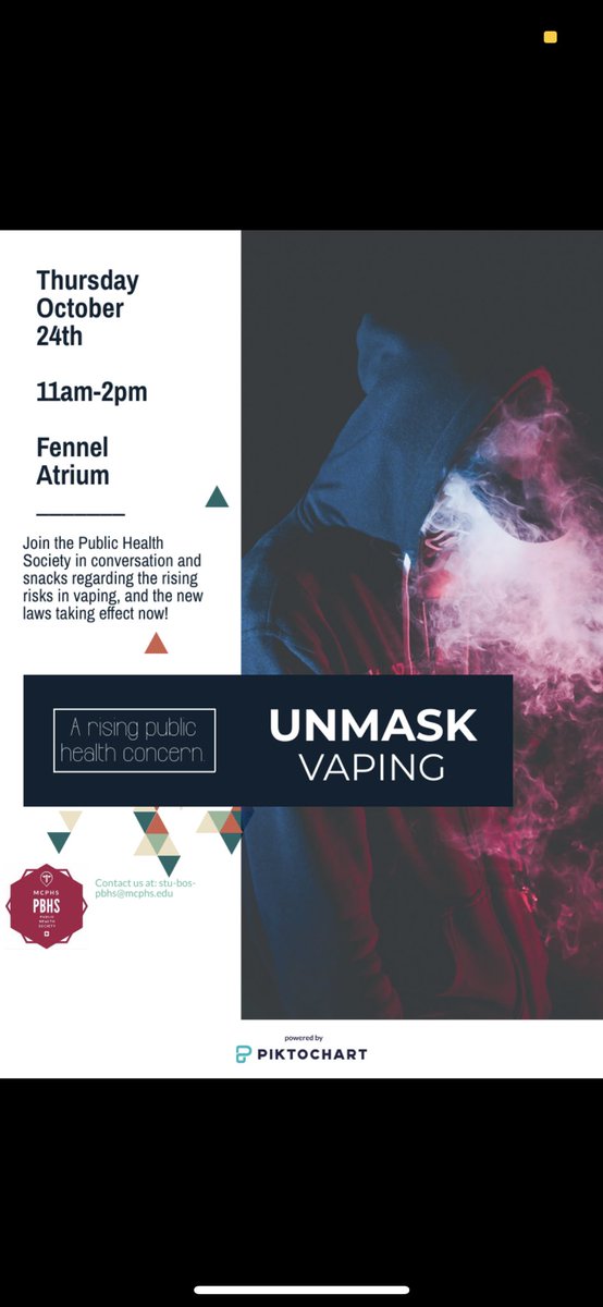 MCPHSMPH's tweet photo. Join us on Thursday October 24th for fun snacks and discussion about the vape crisis!!  #mcphsmph #vapecrisis https://t.co/mB27fc385d