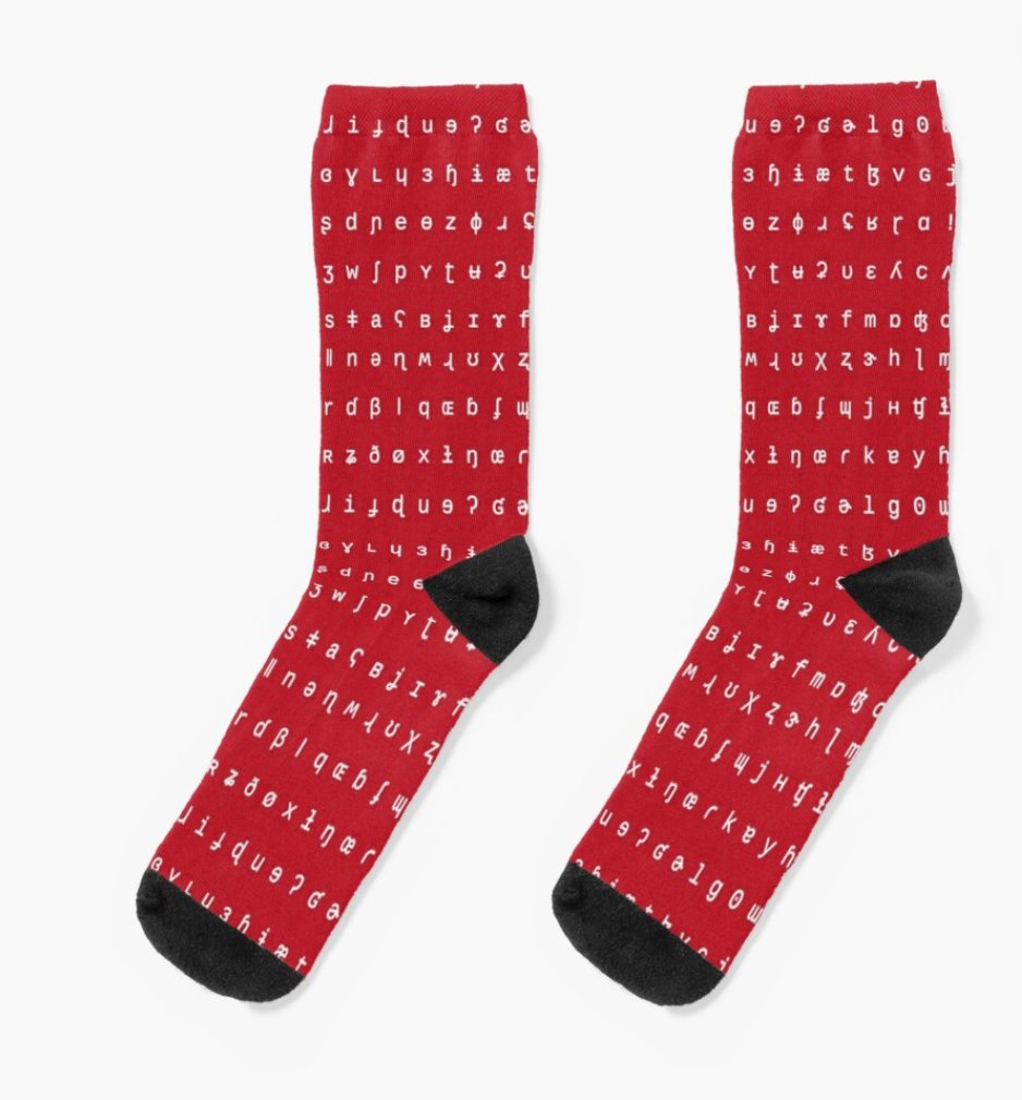 Red socks with an International Phonetic Alphabet print