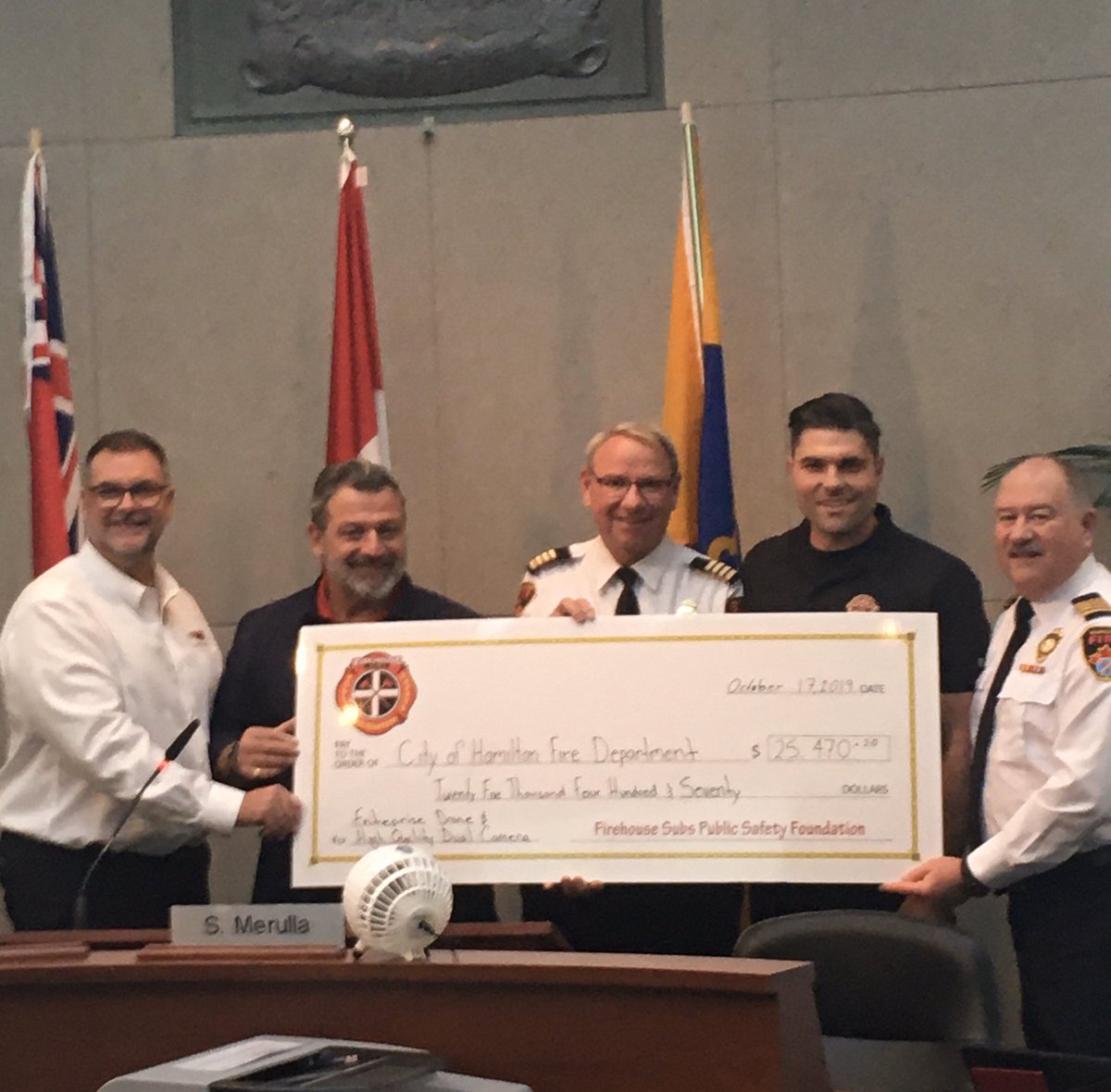 HamiltonFireDep's tweet photo. Today we were pleased to recognize Firehouse Subs Public Safety Foundation for their generous grant of $25,470.20 to be used for the purchase of a drone with thermal imaging. Will be used in search and rescue, fire scenes and pre fire planning. Thank-you! @cityofhamilton https://t.co/AN0ULC9pST