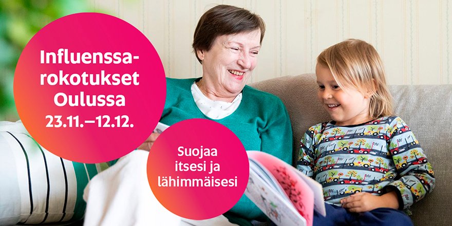 Influenssarokotukset alkavat Oulussa 23.11. Katso aikataulut ja rokotuspaikat: ouka.fi/oulu/terveyspa…

Yli 65-vuotiaat oululaiset kutsutaan myös THL:n influenssarokotetutkimukseen. Siitä löydät lisätietoa <a href="/THLorg/">THL</a>-sivuilta: thl.fi/fi/tutkimus-ja…

#Oulu #terveys #influenssa