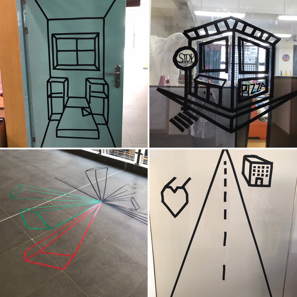 Grade 7 <a href="/ISNS_School/">International School of Nanshan Shenzhen (ISNS)</a> is learning about linear perspective - loving their tape installations! #isnsarts #GoISNS #linearperspective