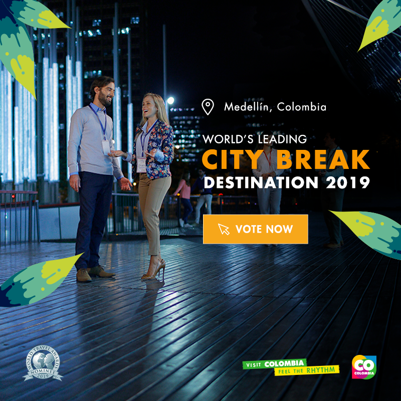 PROCOLOMBIACO's tweet photo. Medellin is Colombia’s most innovative city and one of the most visited by international travelers. Vote at the #WorldTravelAwards to name Medellin the world’s Leading City Break Destination. @BureauMedellin 
https://t.co/hAfMHP4m2v https://t.co/HaObG7Tp7l