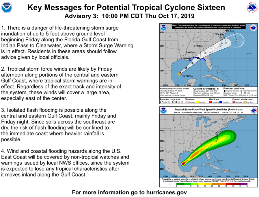 NHC_Atlantic's tweet photo. Here are the 10 PM CDT Key Messages for Potential Tropical Cyclone #Sixteen.  Latest information at https://t.co/tW4KeFW0gB https://t.co/Llr8Mabv2e