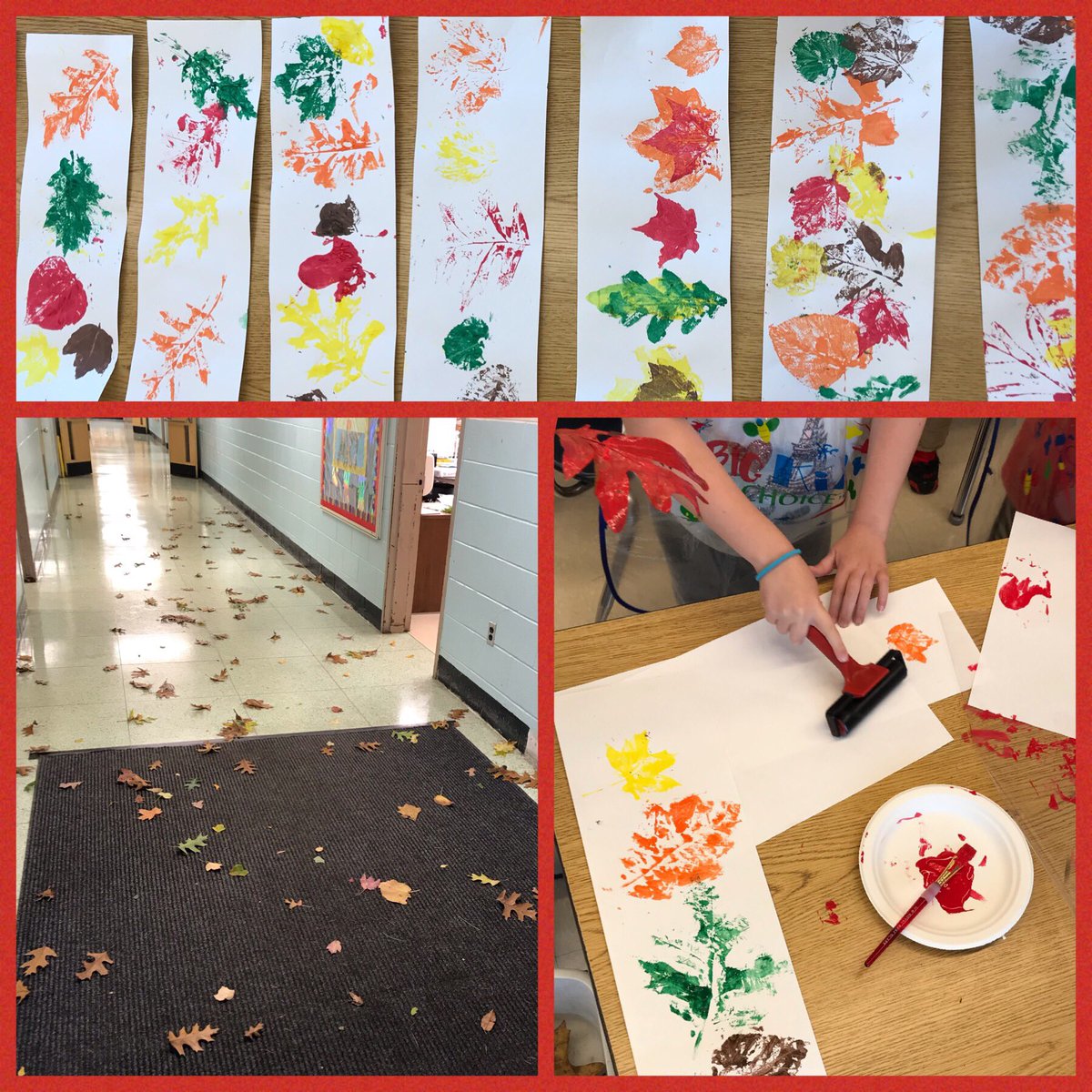 WSS G3 creating leaf prints using leaves that blew inside with the arrival of car riders this morning. #wpsk12 #printmaking #nature #FallLeaves