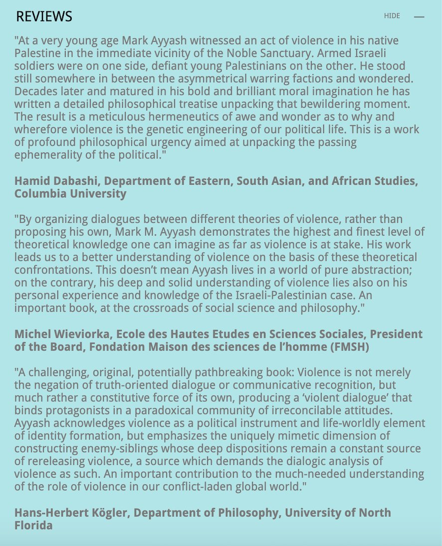 Muhannad Ayyash (@ayyashmohannad) on Twitter photo My book, A Hermeneutics of Violence, is now out! I’m so grateful to Hamid Dabashi, Michel Wieviorka, and Hans-Herbert Kögler for their kind reviews. It was a long/hard journey writing this book, but certainly worth it.
utorontopress.com/ca/a-hermeneut… <a href="/utpress/">University of Toronto Press</a> @mountroyal4u <a href="/MRU_Arts/">MRU Arts</a> My book, A Hermeneutics of Violence, is now out! I’m so grateful to Hamid Dabashi, Michel Wieviorka, and Hans-Herbert Kögler for their kind reviews. It was a long/hard journey writing this book, but certainly worth it.
utorontopress.com/ca/a-hermeneut… <a href="/utpress/">University of Toronto Press</a> @mountroyal4u <a href="/MRU_Arts/">MRU Arts</a>