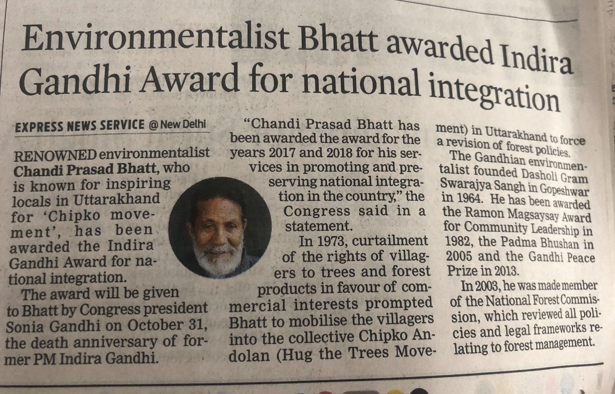 It’s a matter of great pride for Uttrakhand as Environmental Leadership of the renowned #ChandiPrasadBhatt the propellor of #ChipkoMovement stands recognised @tsrawatbjp @ParveenKaswan 
#UttrakhandForEnvironment #GreenUttrakhand #EnvironmentalLeadership