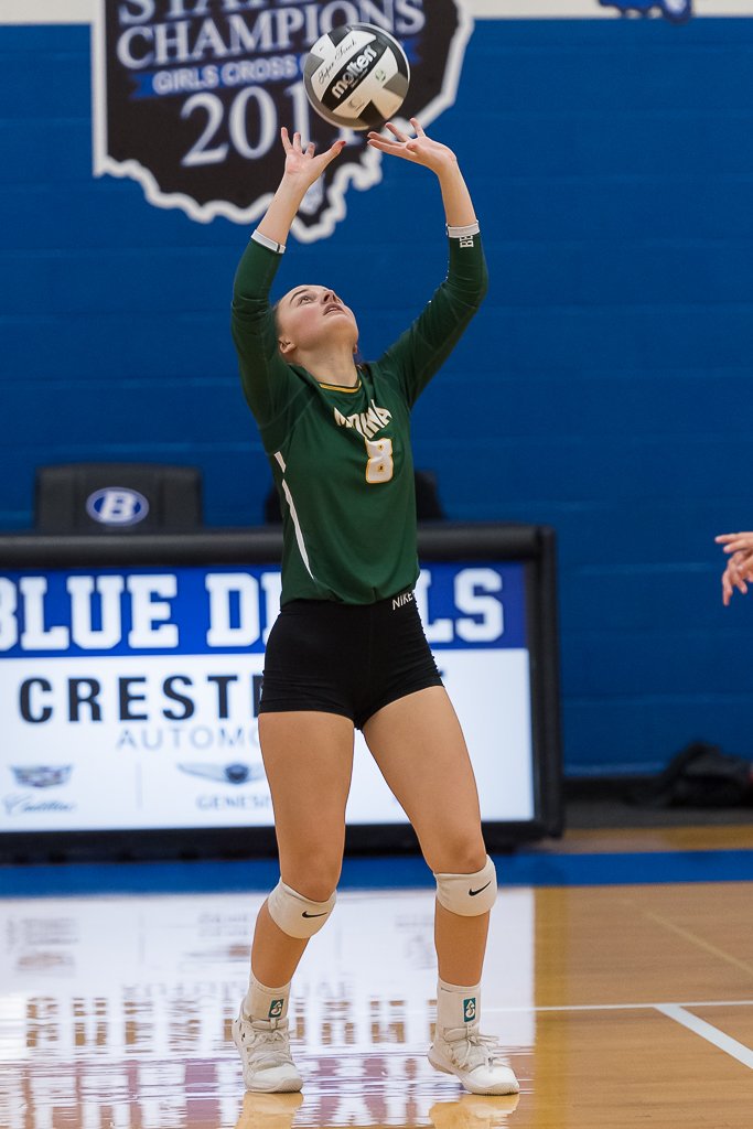 Medina's <a href="/ClaireKolesar/">claire kolesar</a> prepares a set against Valley Forge. <a href="/MedinaGrlsVball/">Coach Joe</a>
