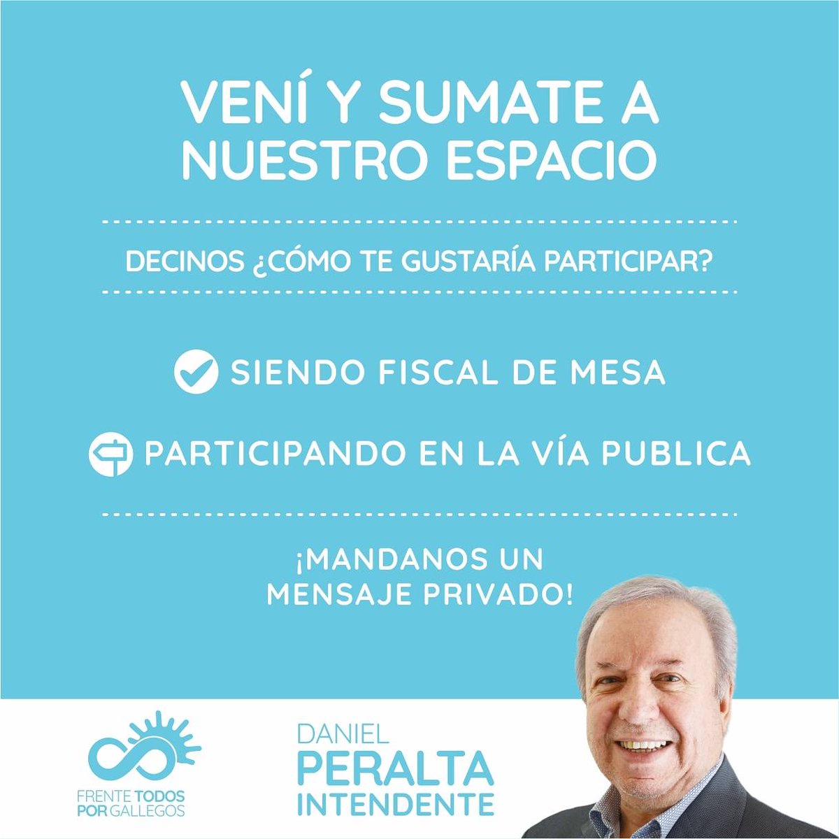 SCST2019's tweet photo. Sumate!

#FrenteTodosporGallegos
#DanielPeraltaIntendente
Lista 710 ✌️ https://t.co/TCyy27FK2T