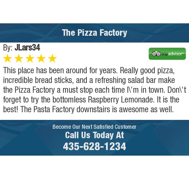 pizzafactorysg's tweet photo. 5 Star: JLars34 "This place has been around for years. Really good pizza, incredible bread sticks, and a..." https://t.co/zqbizN9BBh https://t.co/3bC4hWW0EY