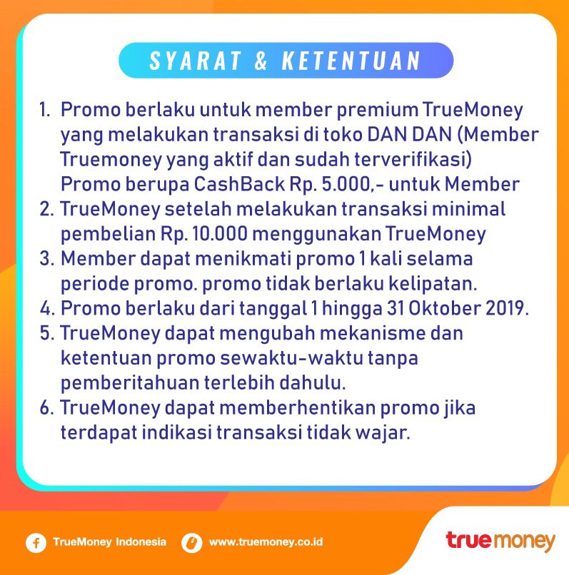 TrueMoneyId's tweet image. Kabar gembira buat kalian yang hobi belanja di toko DANDAN !

Cashback Rp. 5.000 untuk pembayaran menggunakan aplikasi Member TrueMoney diperpanjang hingga 31 Oktober 2019.

#TrueMoneyID #PromoTrueMoney #PromoMember #PromoOktober #BelanjaHemat #GilaDiskon #Cashback #DanDan