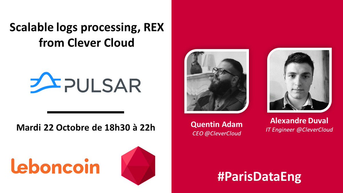Paris Data Engineers ! (@parisdataeng) on Twitter photo 📢 Ne manquez pas le talk de <a href="/KannarFr/">🦆</a> et <a href="/waxzce/">Quentin '🐧' ADAM</a> de chez <a href="/clever_cloud/">Clever Cloud</a> autour #ApachePulsar au meetup qui aura lieu semaine prochaine chez @leboncoinEng. Inscription gratuite sur bit.ly/2MEFt2o 📢 Ne manquez pas le talk de <a href="/KannarFr/">🦆</a> et <a href="/waxzce/">Quentin '🐧' ADAM</a> de chez <a href="/clever_cloud/">Clever Cloud</a> autour #ApachePulsar au meetup qui aura lieu semaine prochaine chez @leboncoinEng. Inscription gratuite sur bit.ly/2MEFt2o