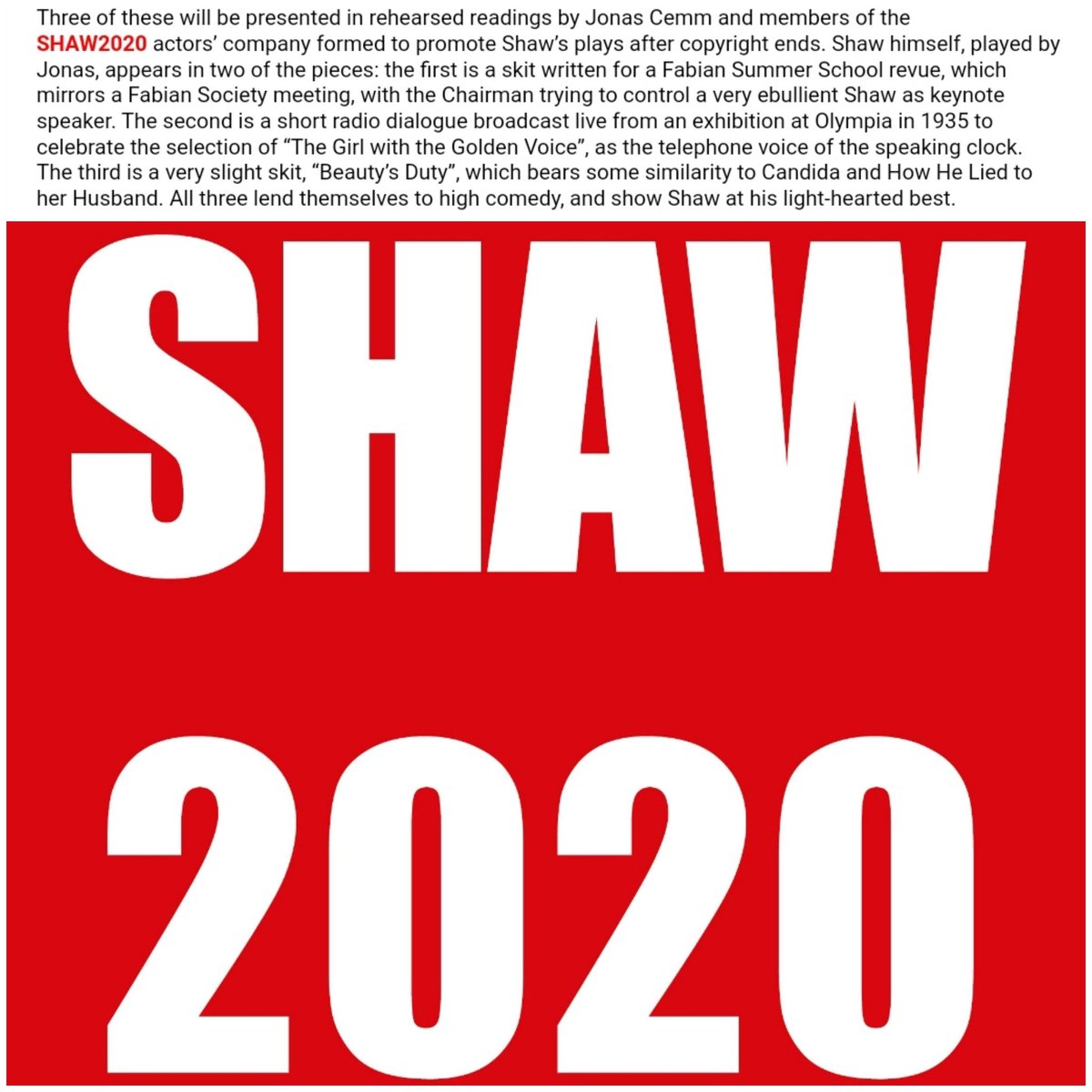 ShawSoc's tweet photo. At our next event @theActorsCentre
Prof. Brad Kent, Laval University Quebec, previews his major new edition published by @OxUniPress & @SHAW_2020 present three script-in-hand skits. John Thaw studio 7.30pm, details- https://t.co/EMaiSxsTRu
#theatre #TSSAC #GBShaw
@LondonTheatre1 https://t.co/aNJycOrd0v
