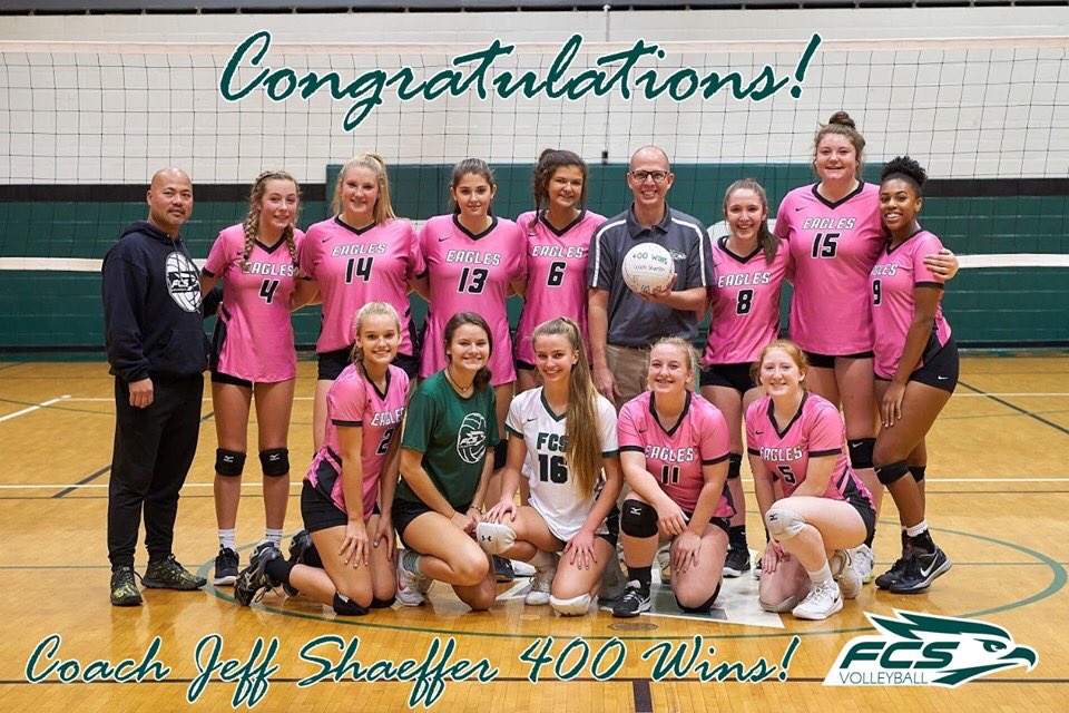 CONGRATULATIONS to Head FCS Volleyball Coach Jeff Shaeffer on reaching his 400th WIN last night!  He was presented (by his daughter Emma) with a volleyball that was autographed by the entire 2019-20 Varsity Volleyball Team tonight.