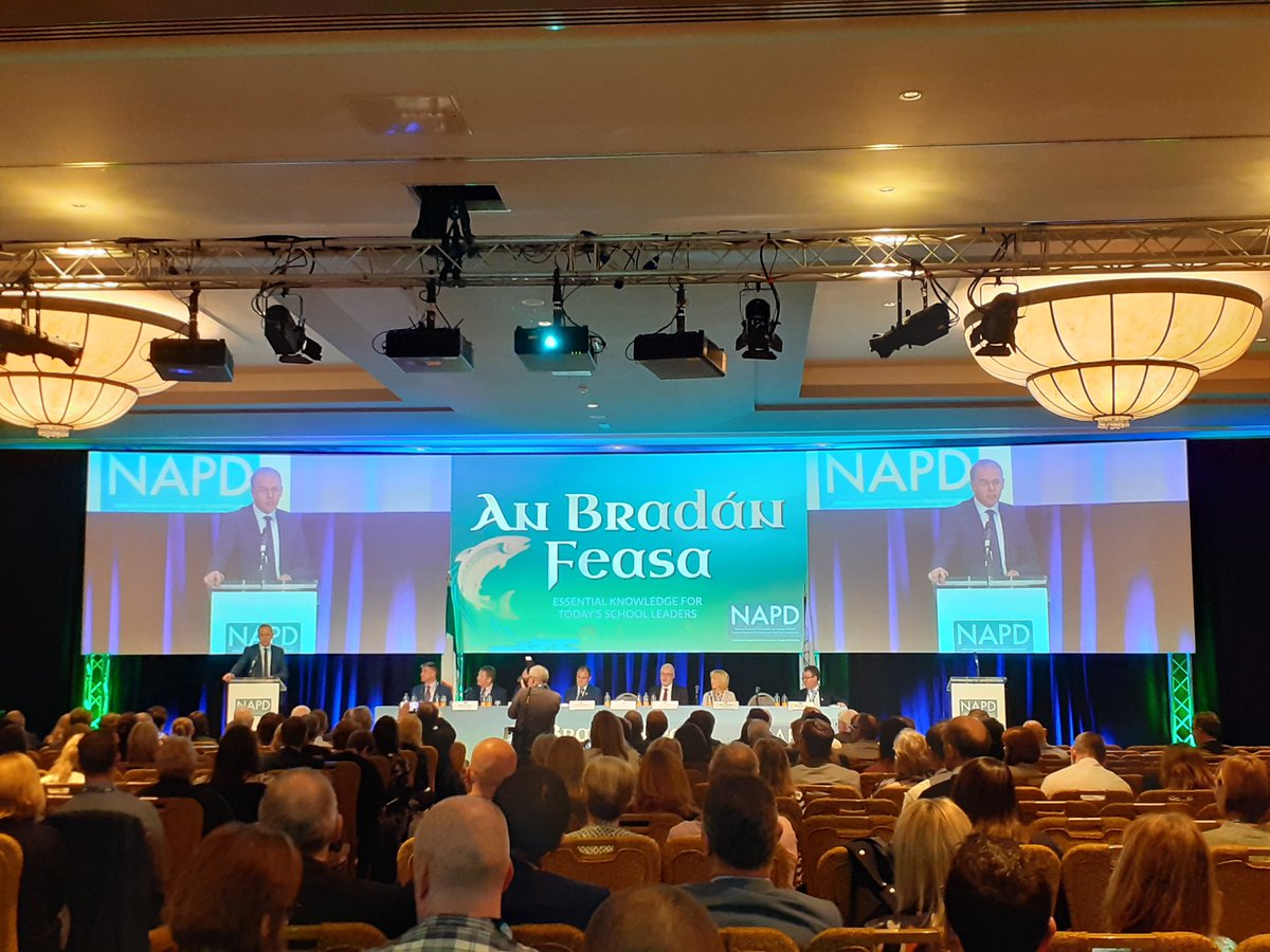 OrnaMulhern's tweet photo. This job brings something new every day. At @NAPD_IE conference listening to @KieranGolden4 & Minister @McHughJoeTD discussing challenges and opportunities for school leadership. Great to hear the discussion at this level. #napdconference #napdconf https://t.co/5tyKy6I6zi