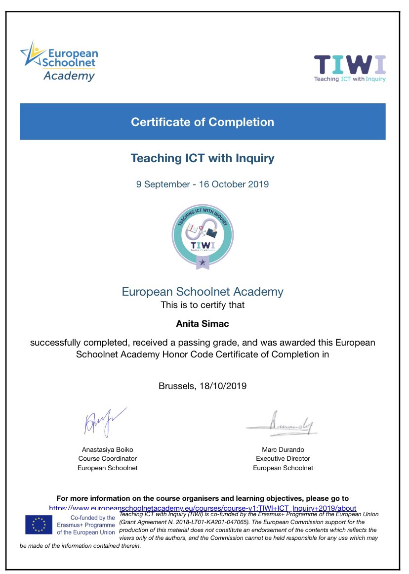 AnitaSimac74's tweet image. Thank you @eu_schoolnet for another brilliant #MOOC #TIWIProject . I really enjoyed it. Thanks to the moderators and colleagues. Have a great weekend