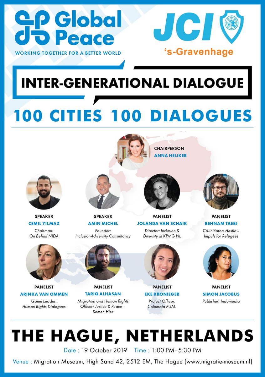 GlobalPeaceHQ's tweet photo. Join us tomorrow for the Hague #IGD in partnership with @JCINederland! We have an exciting line-up of speakers ready to tackle some of the most pressing issues facing our future & working collectively to find solutions to achieve a better world. #Globalpeace #100Cities #100IGDs https://t.co/x88qv8TG5r