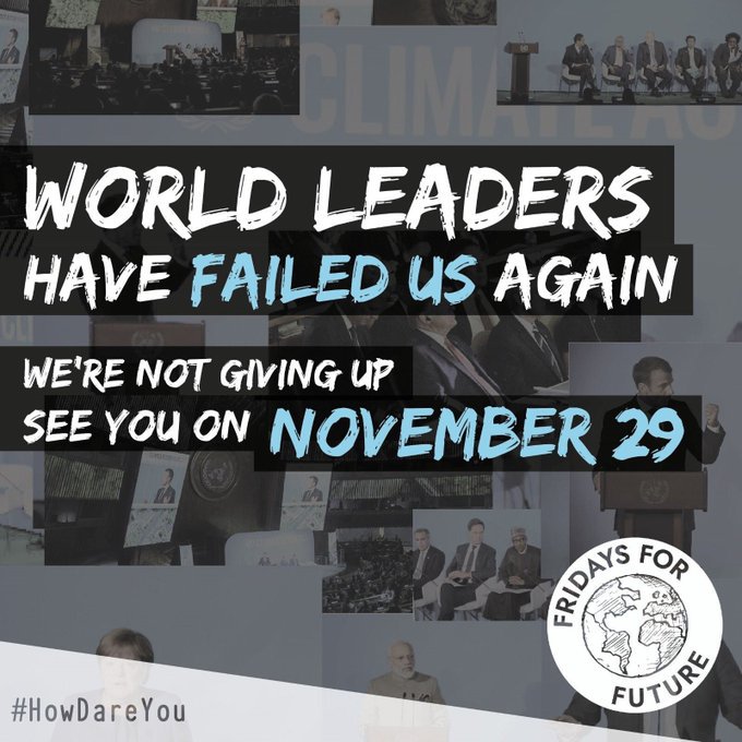 Our governments are failing to #ActNow on the climate and ecological emergency. So <a href="/Fridays4future/">Fridays For Future</a> are going to strike for their future and bring the world to a standstill November 29:

fridaysforfuture.org

#GlobalClimateStrike
#FridaysForFuture
#GlobalEcologicalStrike