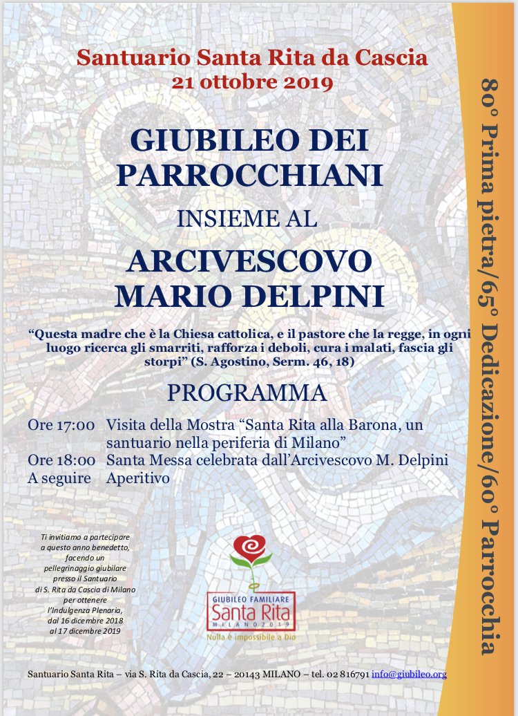 GiubileoR's tweet photo. #giubileodeiparrocchiani #SantaRita 21 ottobre alle 18 Santa Messa con il vescovo #vescovoDelpini https://t.co/fpbe1SYfOn