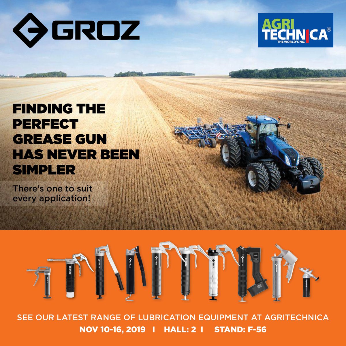See our latest range of #lubrication #equipment at #Agritechnica 

SEE YOU IN HANOVER, GERMANY

Hall 2 | Stand F56  | 10th - 16th November 2019

#groz #agriculture #grease