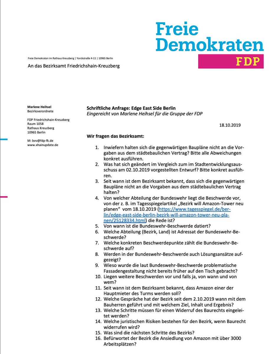 frau_miersch's tweet image. Eben Anfrage zum #Amazontower eingereicht. Vor 2 Wochen bei der Bauvorhabenvorstellung war noch alles gut, es hieß, der Bauherr hätte sich an den B-Plan gehalten + deshalb Baurecht. Die plötzliche Kehrtwende jetzt kommt mir sehr spanisch vor. Planbarkeit? 0. #xhain #Arbeitsplätze