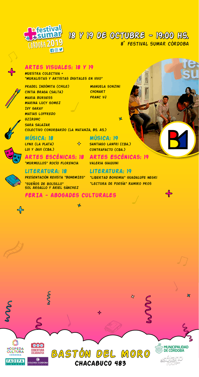 FestivalSumar's tweet photo. Hoy @FestivalSumar en @bastondelmoro 
#actuación #poesia #danza #musica #performance #colaborativo #literatura #fotografía #festivalsumarcba #Córdoba https://t.co/G6NMIDOP0b