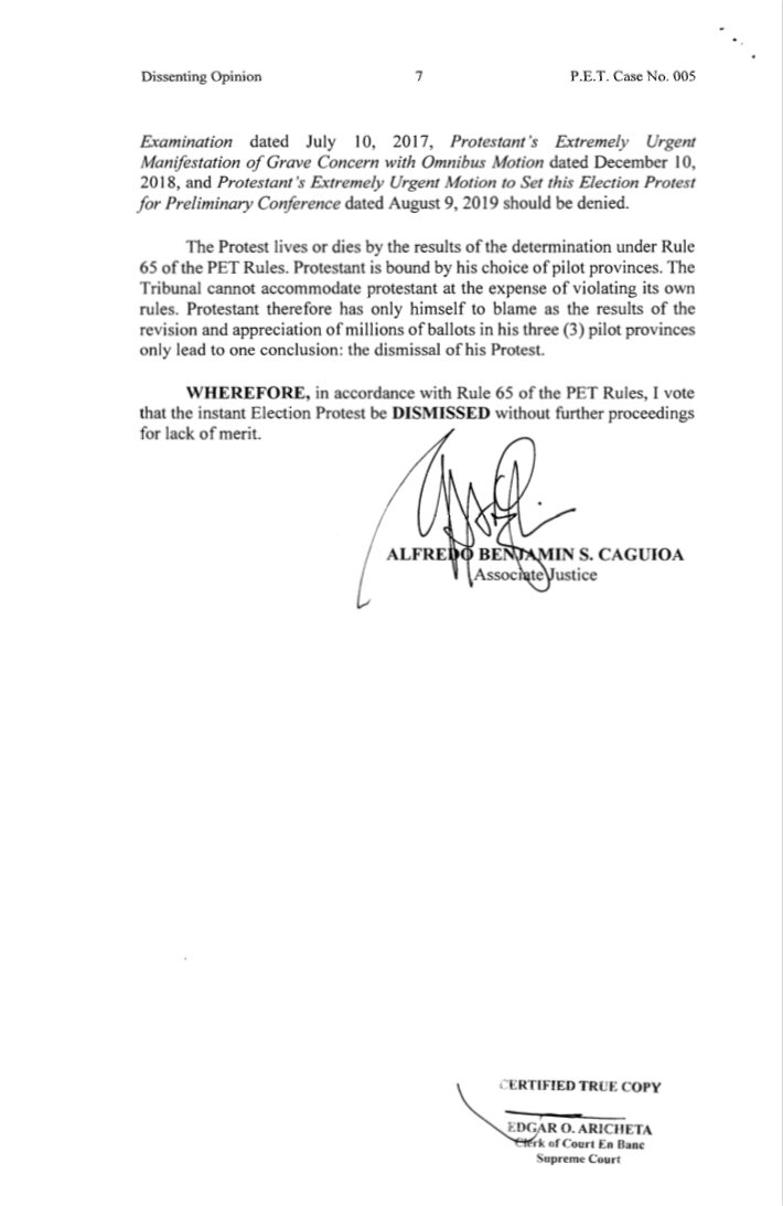 ABSCBNNews's tweet image. Justice Alfredo Benjamin Caguioa’s dissenting opinion confirms VP Leni Robredo’s lead increased by 15,000 votes after the initial recount. Caguioa insisted on dismissing election protest following Rule 65 of PET Rules. | via @mikenavallo