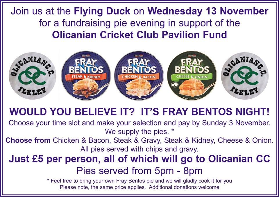 Another Olicana CC pavilion fund charity night taking place during ‘Ilkley Week’. We were all devastated to see the news of the arson attack so let’s all get together as a community &amp; help them reach their target and get that new pavilion! Call in to the Duck to book your slot.
