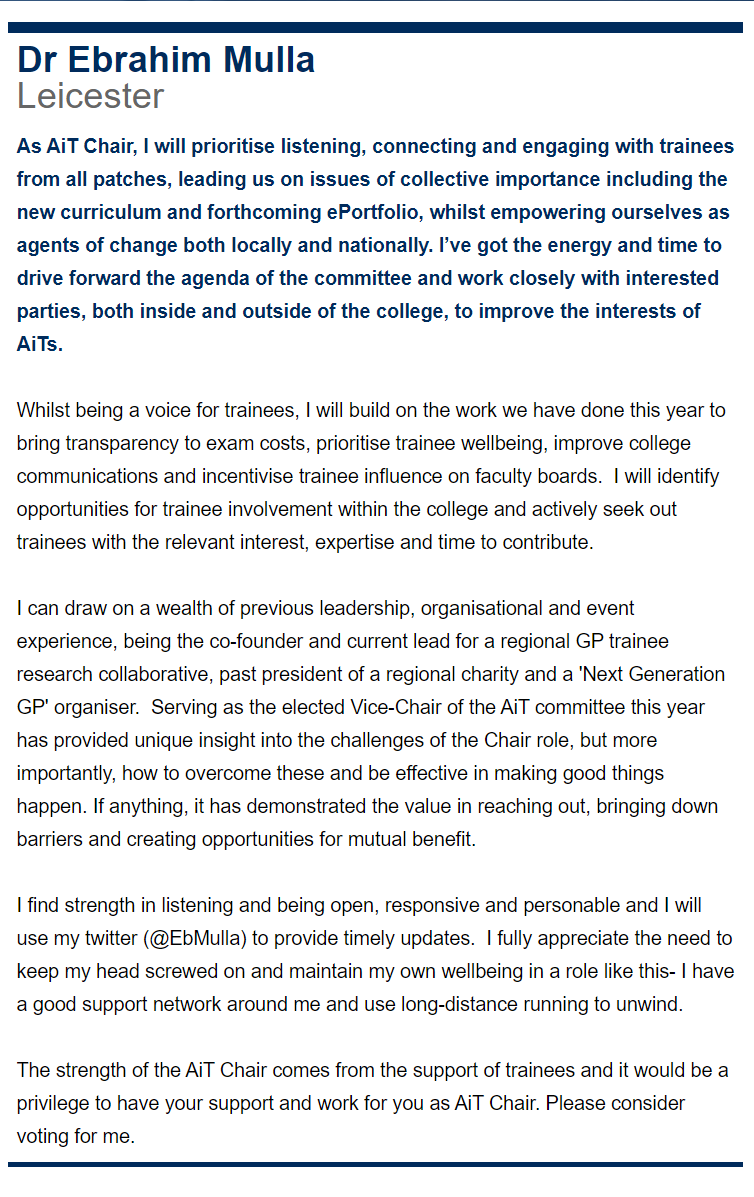 EbMulla's tweet photo. 🗣️Calling all GP trainees #RCGPelections
Super excited to be standing to be your next @RCGPAiT Committee Chair
➡️Connect with ALL trainees
➡️Be a strong voice AND take action on what really matters to us 💪
➡️Empower YOU as agents of change
🙌Let's thrive, not just survive🙌 https://t.co/uzY82Wm1zG