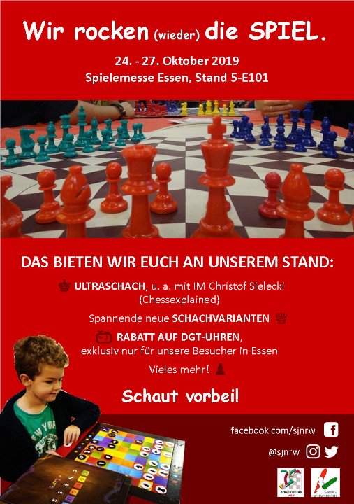 SJNRW's tweet photo. Hier unser diesjähriges Programm an unserem Stand #5E101 bei der #SPIEL19. Wir freuen uns ganz besonders auf @ChessExplained, der nächsten Freitag das Ultraschach-Brett besetzt. #Noch6Tage #SchachIstBunt #SchachRockt #Schachvarianten https://t.co/qKJOQ9DP5u