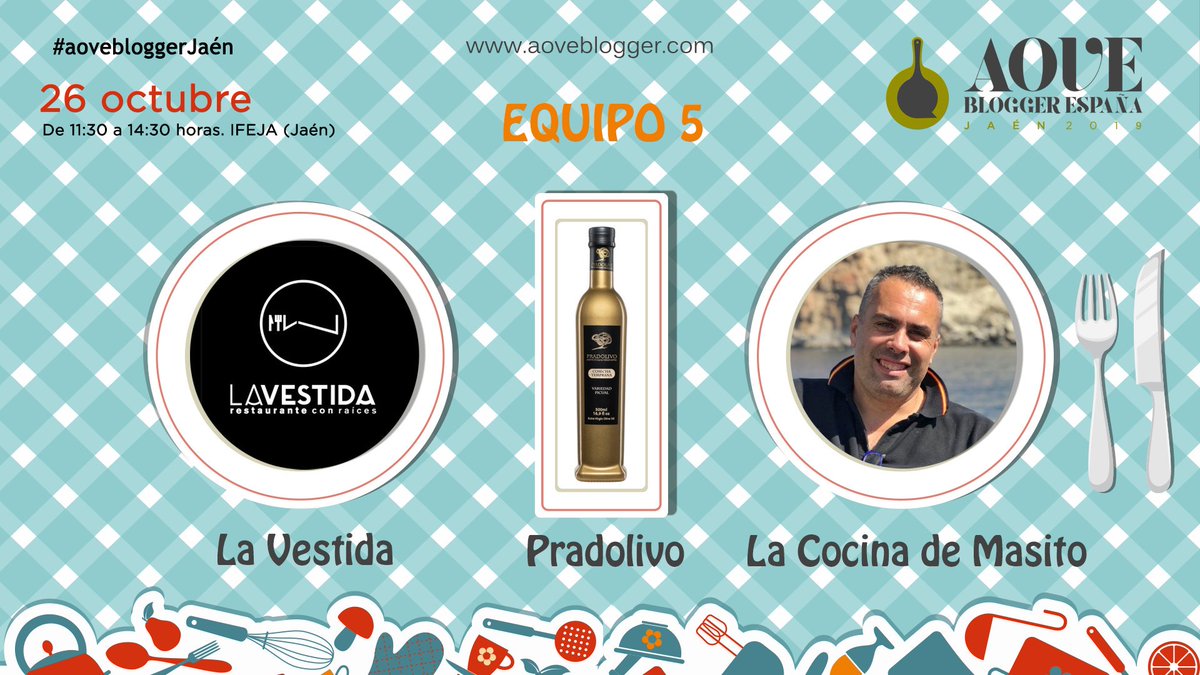 ⚠️ El restaurante <a href="/LAVESTIDA/">REST LA VESTIDA</a> de Jaén, el AOVE <a href="/pradolivo_baeza/">Pradolivo</a> y el bloguero Masito, de <a href="/LaCocinadMasito/">LaCocinaDeMasito</a>, un clásico de nuestro evento, son el quinto equipo de #AoveBloggerJaén

¡Estamos deseando ver (y probar) su receta!

#26deOctubre #FeriaTierraAdentro