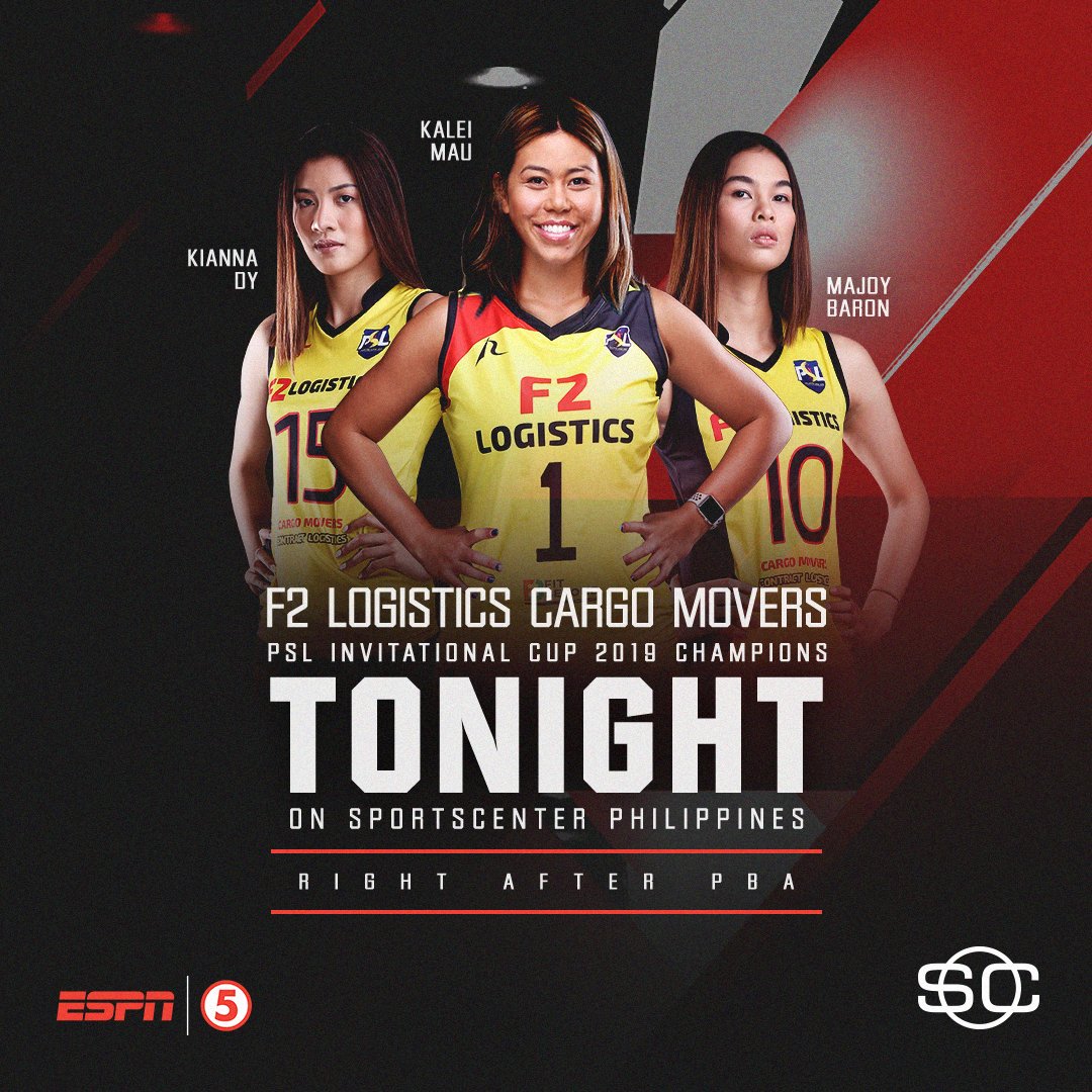 OneSportsPHL's tweet photo. 2019 #PSLInvitationals champions @Leimau_, @KiannaDy, and @majoybaron of the @F2CargoMovers are dropping by #SportsCenterPH tonight!

Catch their interview right after the PBA on @TV5manila or via live stream on https://t.co/ANZaWoyMTT. https://t.co/q8xKkt2d7d