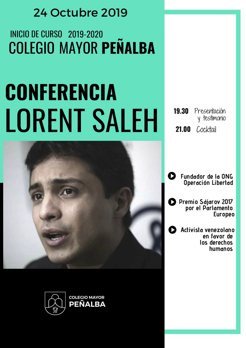 24 de Octubre. ACTO DE APERTURA curso académico 19-20 presentada por <a href="/LuisCbrian/">Luis Cebrián</a> y la conferencia de @LORENT_SALE activista venezolano en favor de los derechos humanos, que nos hará acercarnos a la realidad que se vive. Abierto a todos los universitarios de Zaragoza.