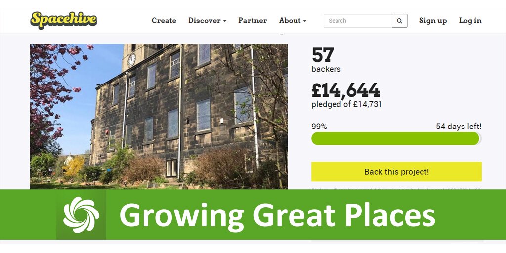 Exciting news. We've backed our first #GrowingGreatPlaces project. St James Church Clock Face Repair on @Spacehive has received fantastic support from the #Slaithwaite community and has reached 99% of its crowdfunding target. Nearly there... spacehive.com/church-clock