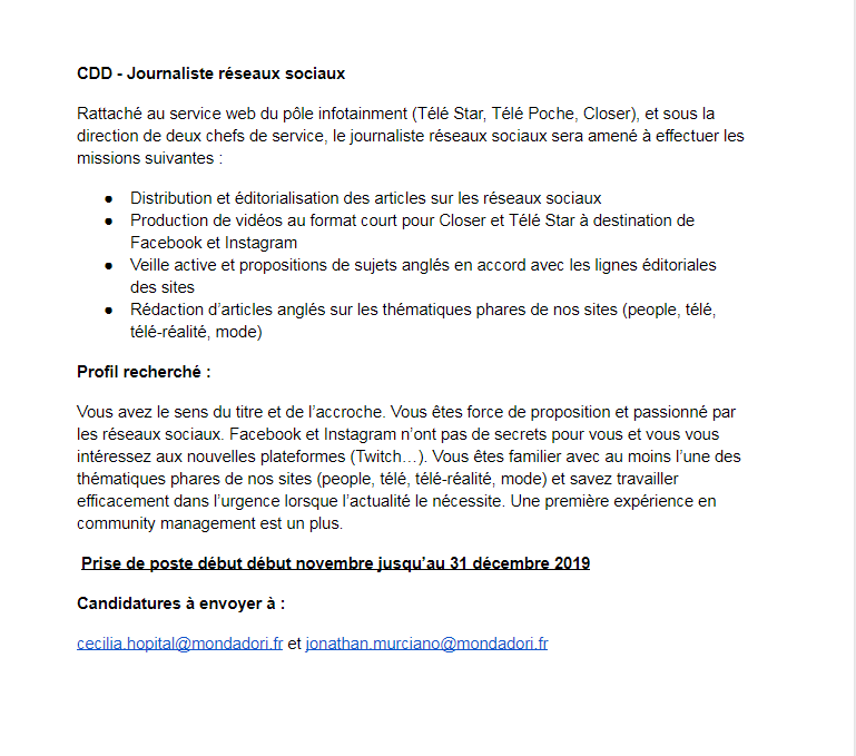 CeciliaHop's tweet photo. Coucou Twitter, on recherche un journaliste réseaux sociaux pour un CDD. Tous les détails ⬇ #journaliste #job https://t.co/6p2DOVV80B