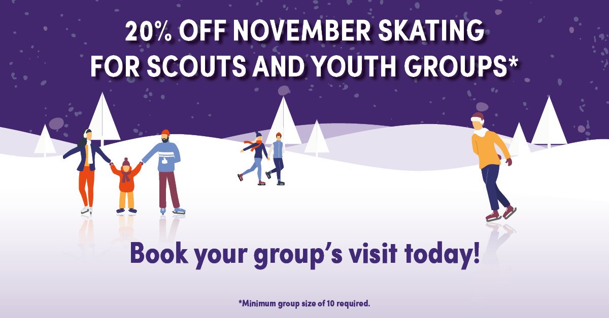 ⛸️ 20% off November skating for all Scouts and Youth Groups!* ⛸️

Use code SCOUT20 at checkout! 

Book your visit now:bit.ly/TNP2019

#winterishere #getyourskateson #thenorthpolecambridge #festivefun #cambridge #winterevents #thingstodoincambridge