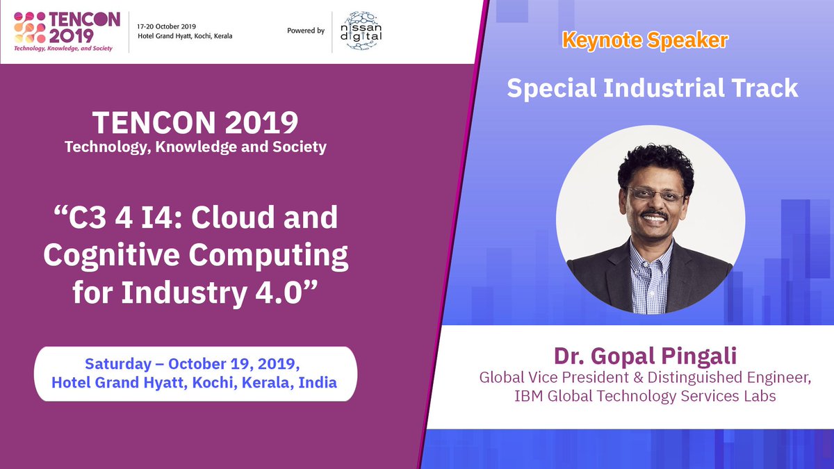 Dr. Gopal Pingali to impart the keynote at #TenCon2019 tencon2019.org. He will be talking on 'C3 4 I4: Cloud and Cognitive Comuting for Industry 4.0 
<a href="/ibm_in/">IBM India</a> @IBMServices @IBM_ITServices #GTSLabs #IBMGTSLabs <a href="/gpingali/">Gopal Pingali</a> #IEEE