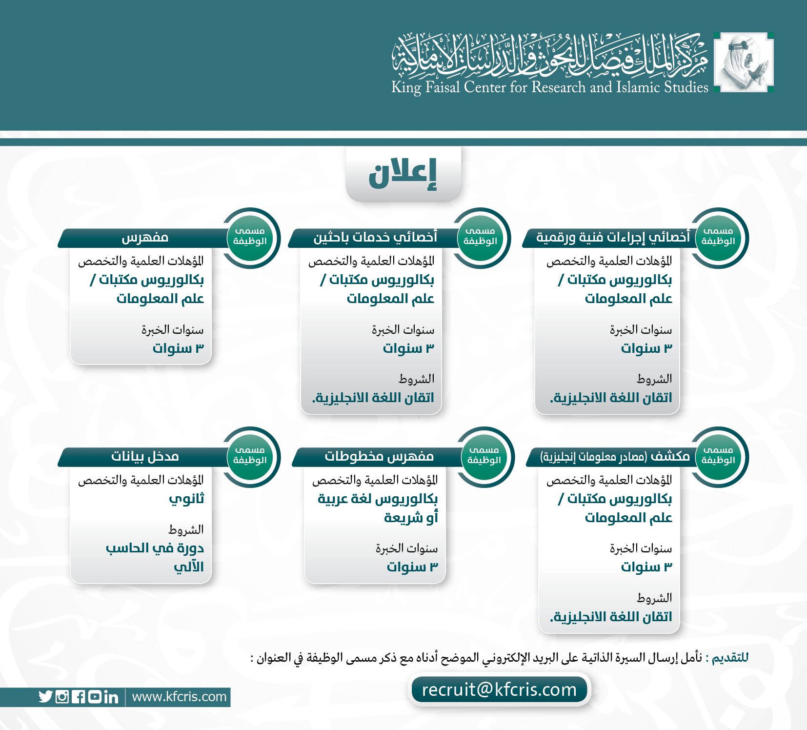 مركز الملك فيصل للبحوث والدراسات الإسلامية On Twitter يسرنا الاعلان عن توفر فرص وظيفية في مركز الملك فيصل