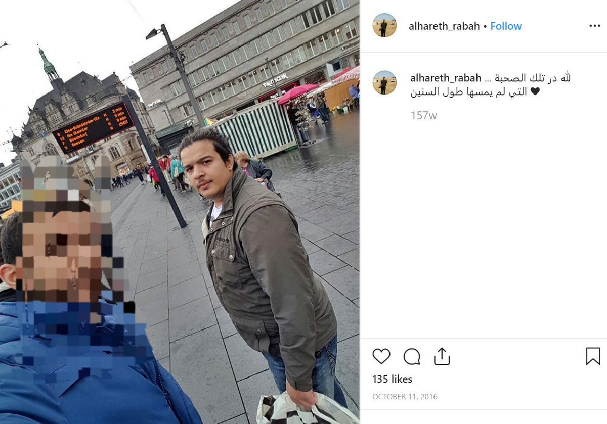 4/ On his Instagram account, Alhareth Rabah, posted multiple pictures of himself in Germany in 2015/2016. Not often he mentions a location, but in some postings he does write words such as: "Eisleben" or "Germany". These 2 pics taken near city hall (Rathaus) of Halle (Saale):