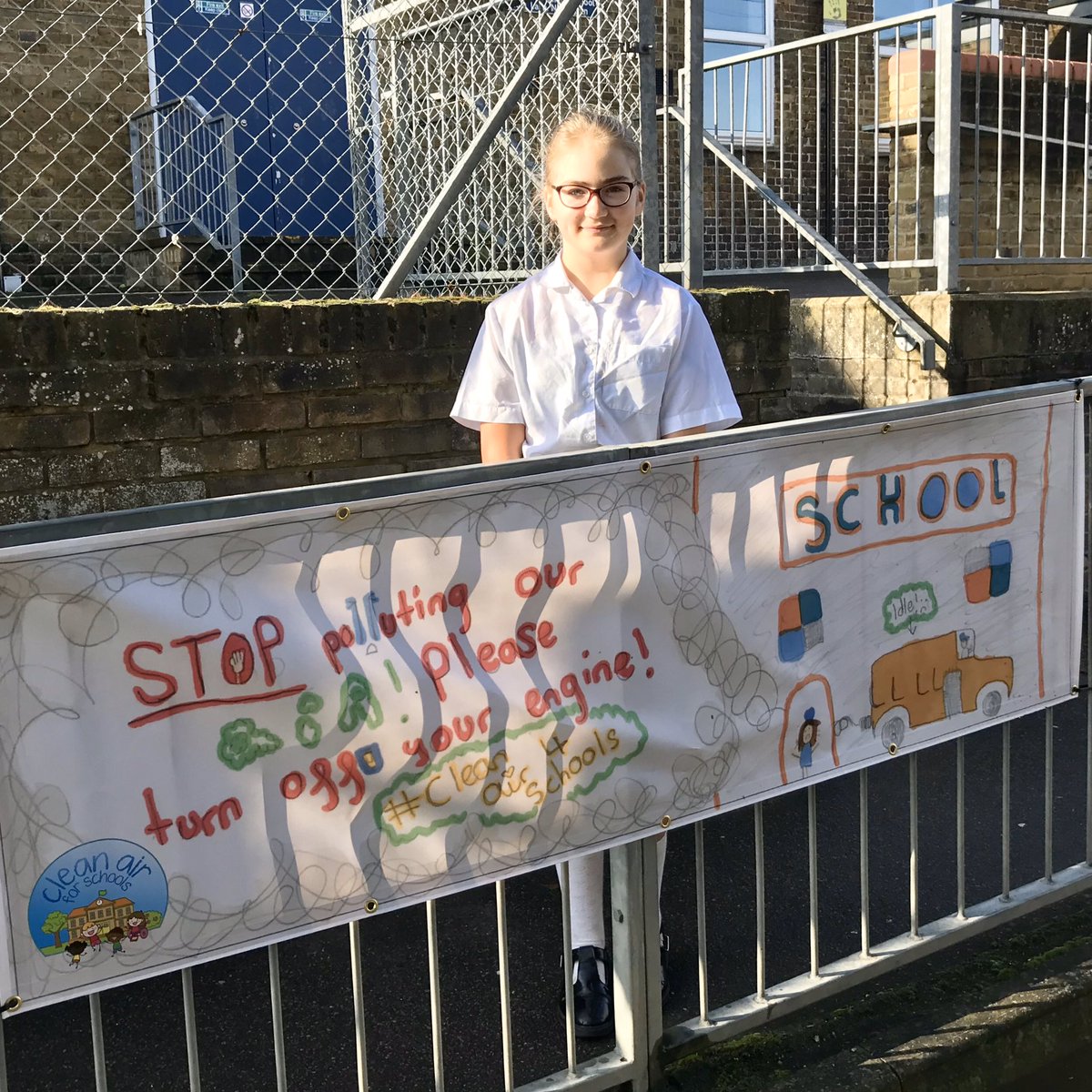 NewingtonCEP's tweet photo. Massive congratulations to Millie whose design was chosen to be turned into a banner for the @SwaleCouncil Clean Air For Schools campaign! #CleanAirForSchools #TurnYourEngineOff #Flourishing #OurSchoolOurVillage #NewingtonFamily https://t.co/iaXNkYhefi