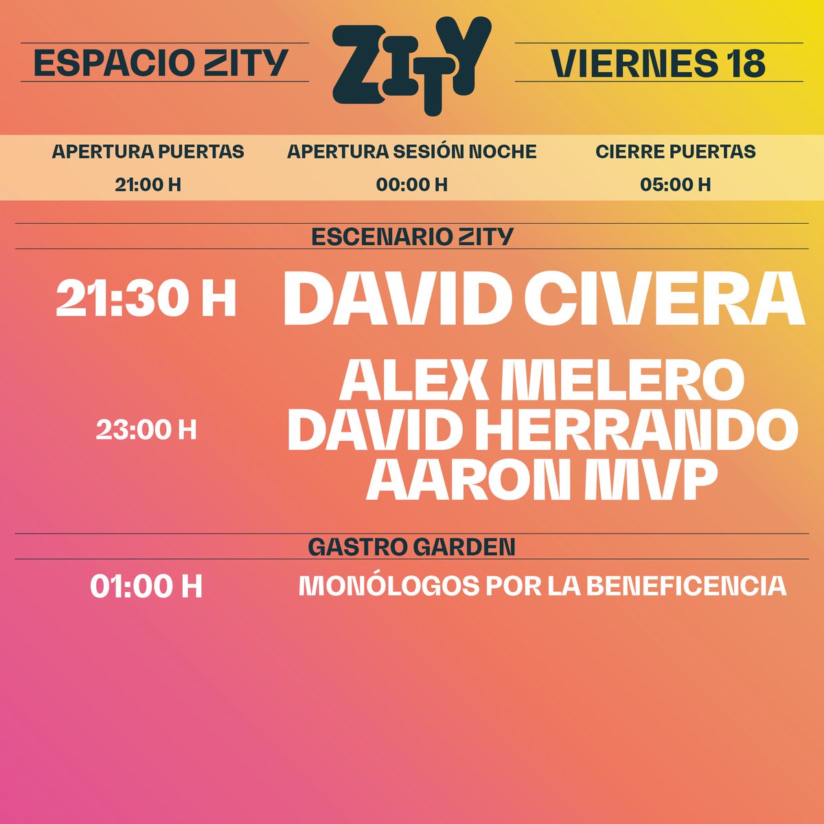 ¡Último fin de semana de música en #EspacioZity! Aprovecha la oportunidad de pasar una gran noche de música y colaborar con la importante labor que desarrolla la Fundación <a href="/DownZaragoza/">Fundación Down Zgz</a>