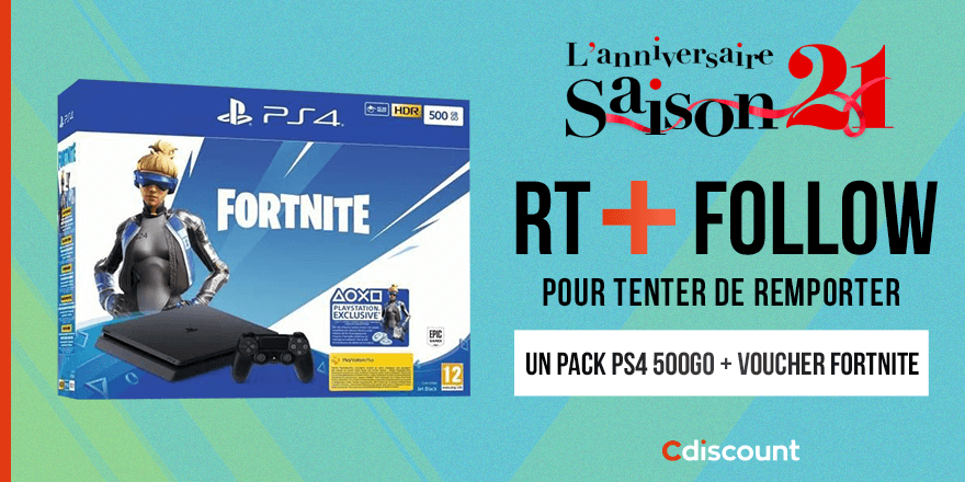 Cdiscount's tweet image. 🎁 #Concours

Tentez de remporter un pack PS4 500Go + Voucher Fortnite pour bien terminer la semaine : bit.ly/2Bp6gdY

🔸 Pour participer : 
RT + Follow 
@Cdiscount
 
⏰TAS 24/10 

Règlement : bit.ly/2pzJ4GU