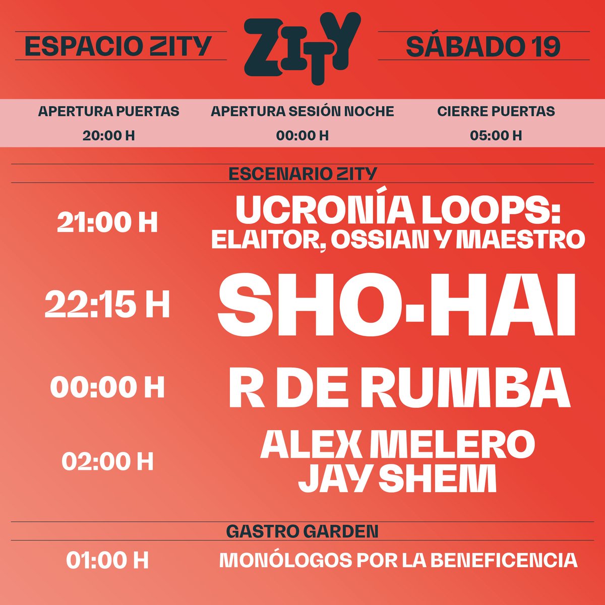 La música continúa hoy en Zity al  ritmo del mejor rap de la tierra: <a href="/ShoHai_Real/">SHO-HAI</a> , Ucronía Loops (ElAitor, Osian y Maestro Raro) y R de Rumba de 21 a 02.00hs y sesión noche con los djs Alex Melero y Jay Shemy hasta las 5.00! #EspacioZity